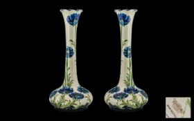 James Macintyre William Moorcroft Signed Pair of Nice Quality Florian-ware Narrow Necked Vases '