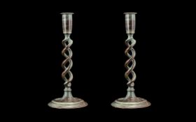 Pair of Barley Twist Brass Candlesticks lacquered verdigris finish. Signs of wear.