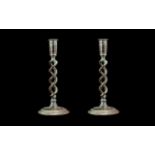 Pair of Barley Twist Brass Candlesticks lacquered verdigris finish. Signs of wear.
