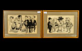 Pair Ink Cartoon Drawings by Emmwood, St Martin's Theatre, Studies of Stage Characters,
