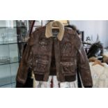 Brown Leather Superdry Flying Jacket with sheepskin collar, zip front,
