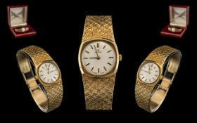 Ladies 9ct Gold Omega Wristwatch With Integral Textured Bracelet Strap, 18mm Silvered Dial,