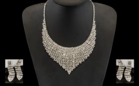 White Crystal Bib Necklace and Drop Earr