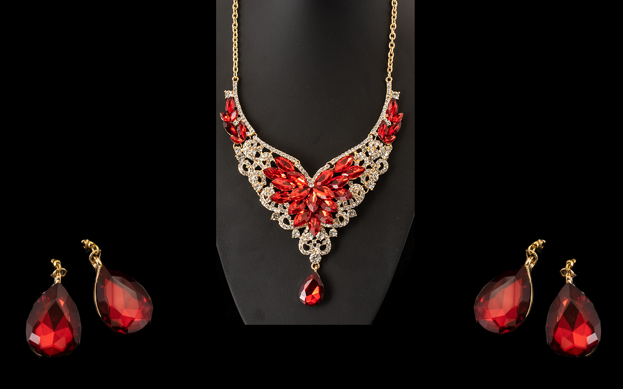 Scarlet and White Crystal Necklace and E