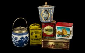 Collection of ( 5 ) Advert Vintage Tins for Tea and Biscuits with a Pottery Blue and White Biscuit