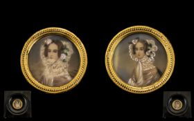 Pair of Small Ivory Miniatures Depicting Victorian Ladies Wearing Bonnets, Indistinctly Signed,