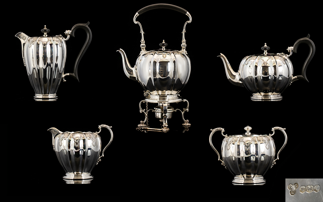 Elizabeth II Wonderful Quality Pumpkin Form Five Piece Silver Tea And Coffee Service Hallmark,