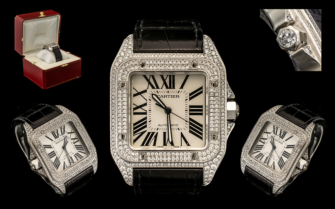 Cartier - Santos Stunning 100XL Acier Automatic Unisex Steel and Diamond Set Wrist Watch.