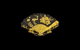 Meiji Period Japanese Brooch In the Shape of an Opened Fan, Inlaid with Gold Applied Decoration,