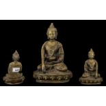 An Antique Oriental Bronze Seated Buddha Figure on a Lotus Throne Base, Hollow Casting.
