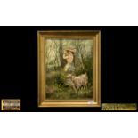 French Oil on Canvas of a girl in a forest setting with a goat, the girl adjusting her bonnet in the