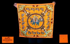 Hermes - Paris Stunning Yellow and Pink Les Poneys De Polo 100% Silk Scarf, Classic Edition,