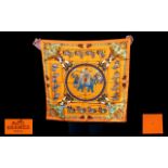 Hermes - Paris Stunning Yellow and Pink Les Poneys De Polo 100% Silk Scarf, Classic Edition,