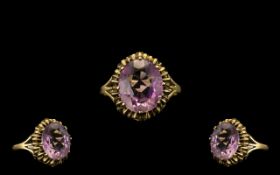 9ct Gold Amethyst Ring, Large Amethyst to Center. Ring Size - M. Please See Photo.