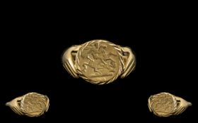 9ct Gold Ring, Made with A I tallar 1855 Gold Coin Inserted Into Ring. Ring Size - M.