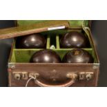 Cased Set Of Four Crown Green Bowls, Made By Henselite. Together with an antique crib brass score