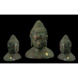 Indian Small Antique Bronze Buddha Head, Green Patination, Hollow Casting. 4.5 Inches High.
