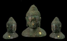 Indian Small Antique Bronze Buddha Head, Green Patination, Hollow Casting. 4.5 Inches High.