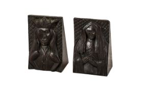 Pair Antique Carved Wood Corbels depicting a King wearing a Crown and a lady in gown and
