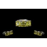 Ouro Verde Quartz Three Stone Ring, natural green gold quartz in an 8mm square octagon cut,