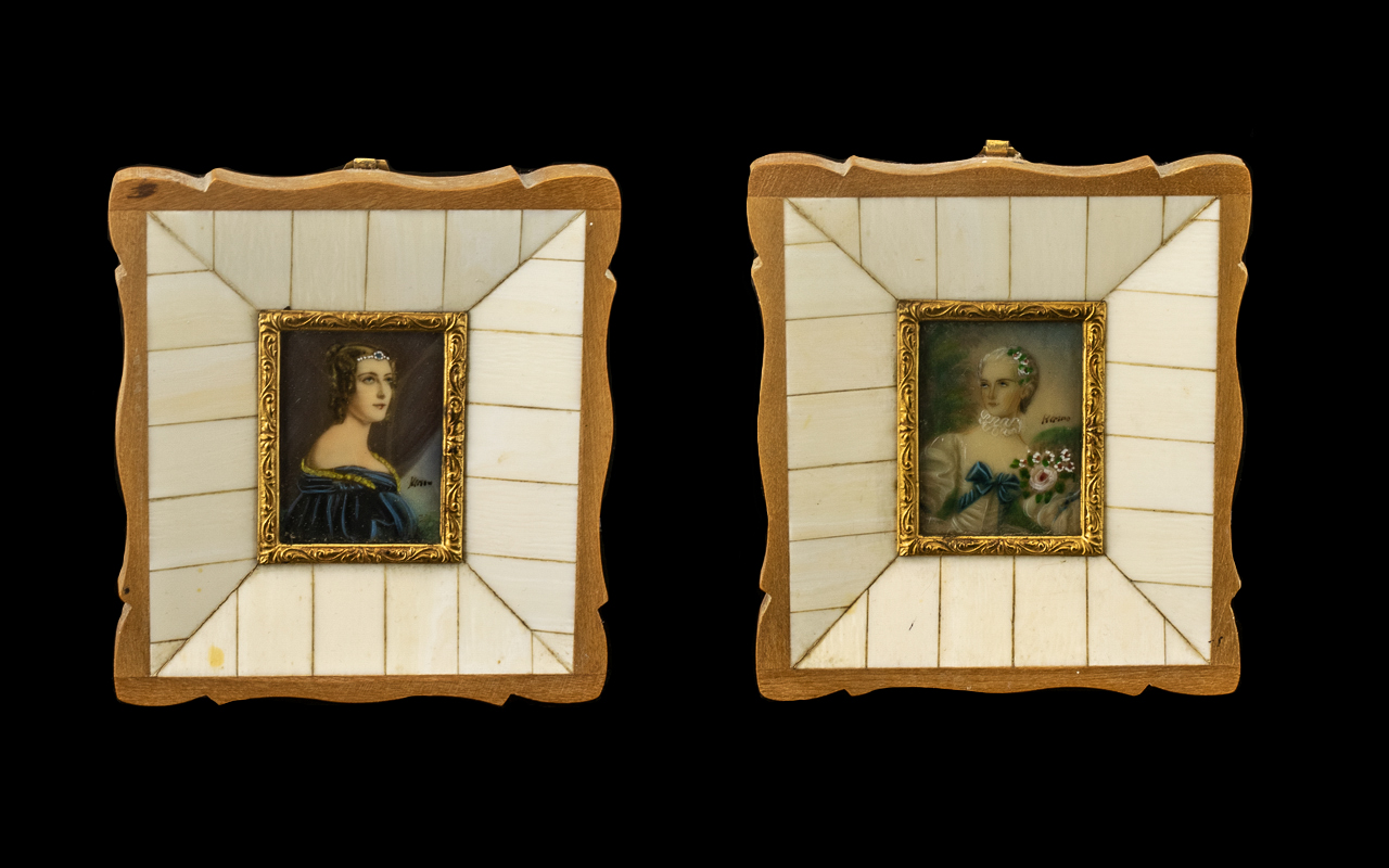 Pair of Italian Ivory Framed Miniature Paintings of Elegant Ladies In Fine Apparel,