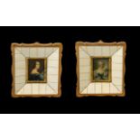 Pair of Italian Ivory Framed Miniature Paintings of Elegant Ladies In Fine Apparel,