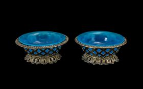 Pair of Antique Opaline Glass Salts, Housed In a Metal Fret Worker Footed Frame.