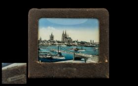 German Painting/Transfer Print On Glass Titled Andenken An Koln, 7 x 9 Inches, Textured Paper Frame,