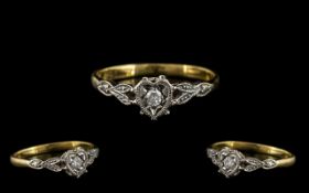 18ct Gold Diamond Ring Round Cut Diamond, Heart Shaped Illusion Setting, Stamped 18ct, Ring Size K,