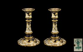 Royal Crown Derby Fine Pair of Hand Painted Candlesticks of Pleasing Form and Design.