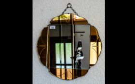 Art Deco Mirror, With Etched Pattern to Coloured Glass, Diameter 18 Inches. Please See Image.