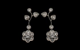 18ct White Gold - Attractive Pair of Diamond Set Drop Earrings, in a Flower head Design.