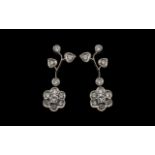 18ct White Gold - Attractive Pair of Diamond Set Drop Earrings, in a Flower head Design.