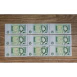 A Collection of Nine ( 9 ) United Kingdom One Pound Banknotes.