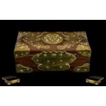 Antique Chinese Hardwood Lidded Box - applied with Brass fret worked bats and other motifs. 8'' in