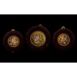 Set of ( 3 ) Porcelain Roundel's Painted with Flowers In Red Plush Velvet Frames, Unsigned.