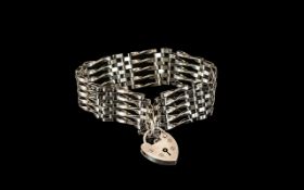 Silver Hallmarked Gate Bracelet, with Heart Lock and Safety Chain. 8 Inches In length.
