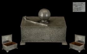 Golfing Interest Pewter Cigarette Box, the lid in the form of a golf ball, with golf club applied to