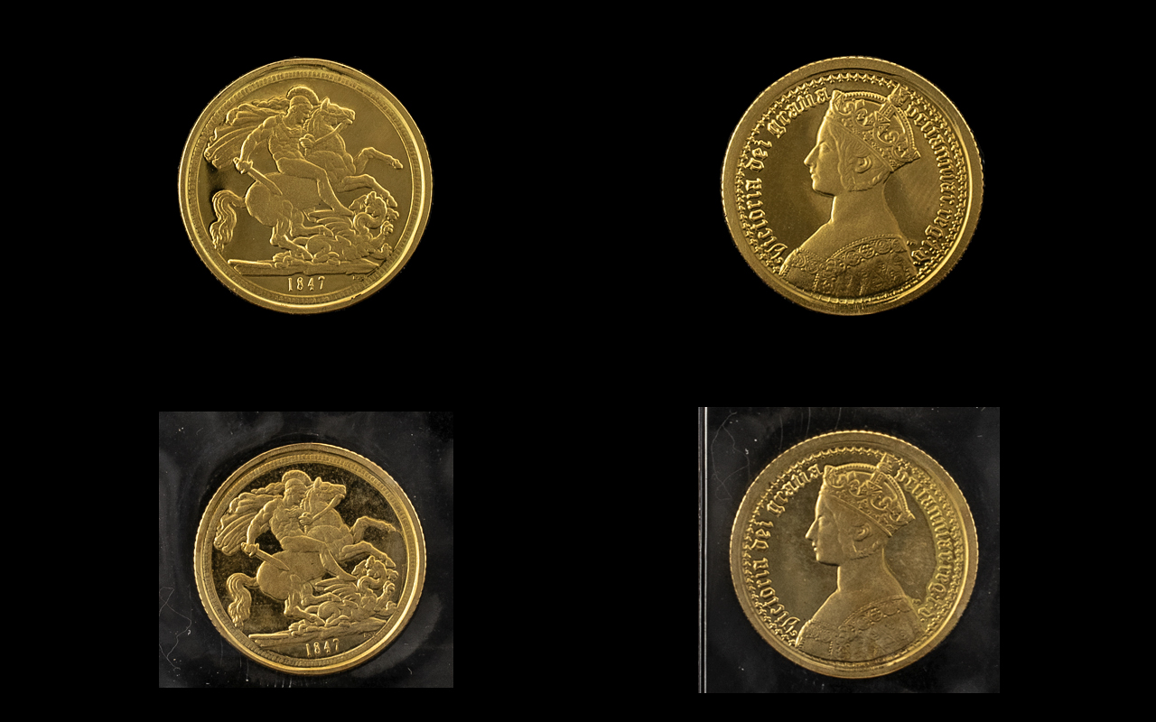 Queen Victoria - Fantasy 1847 Gothic Style 9ct Gold Pattern Half Sovereign ( 2 ) Coins In Total.