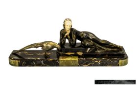 Art Deco Patinated Spelter And Ivorine Centrepiece Figure Of A Woman With Pheasant,