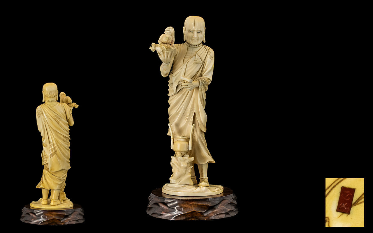 Japanese Tokyo School Signed - Finely Carved Ivory Okimono of A Priest Dressed In Flowering Robes,