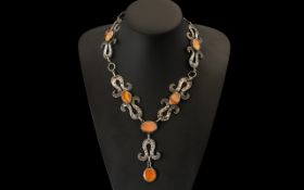 Horna - Impressive Planished Silver Necklace with Drop, Set with Orange Agates, 900 Silver.