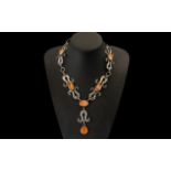 Horna - Impressive Planished Silver Necklace with Drop, Set with Orange Agates, 900 Silver.