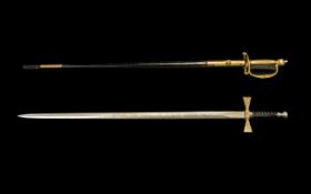 Two English Dress Swords, one in a leather scabbard, with a gilt tooled hilt, engraved to the
