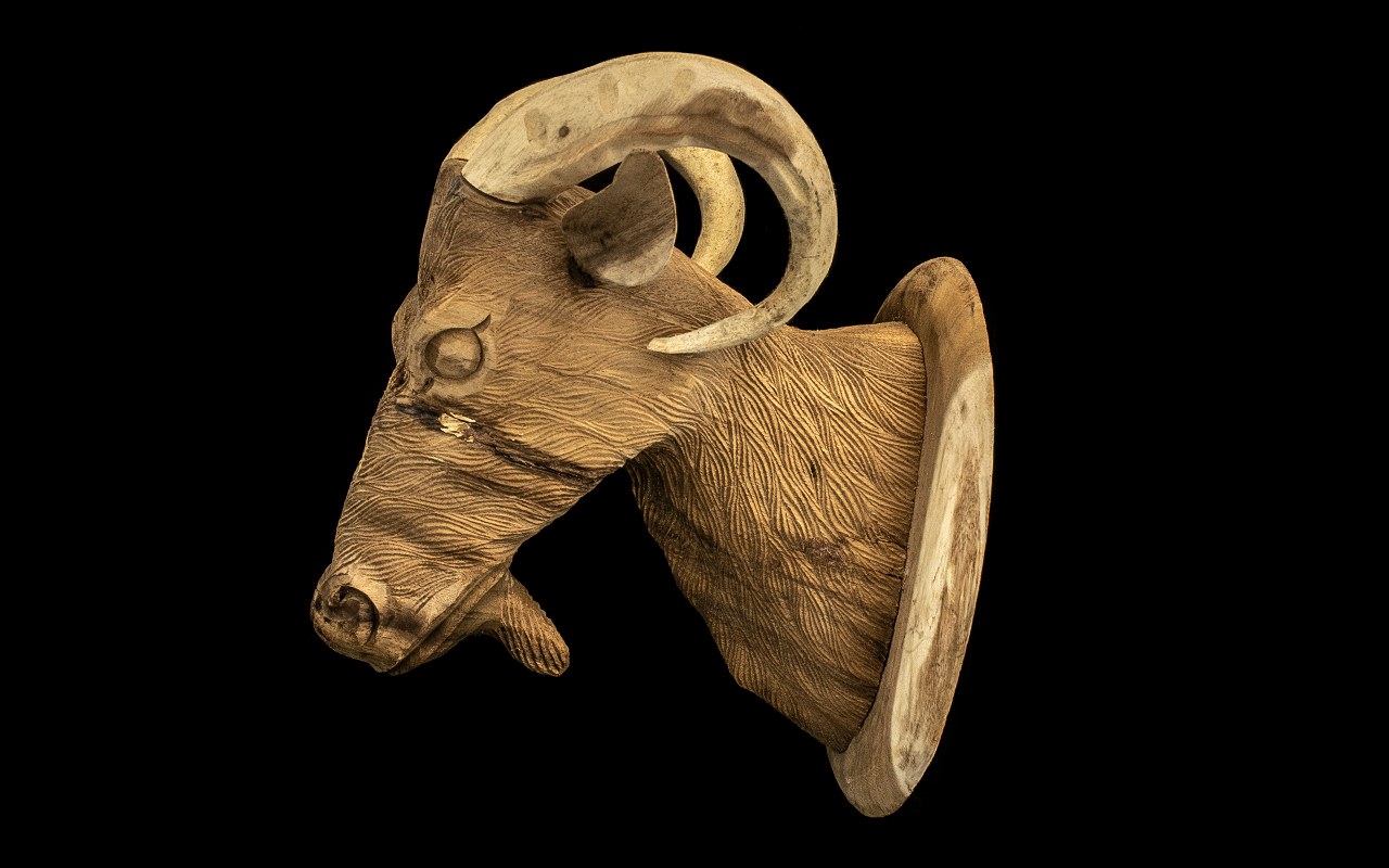 Carved Wooden Ram's Head Made of Solid Wood. 12 Inches, Wall Hanging. A/F.