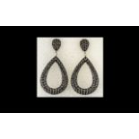 Black Spinel Pear Drop Loop Earrings, pear drop open loops, pave set with round cut black spinels,