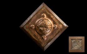 Arts & Crafts Oak Wall Plaque in the manner of Liberty. The centre with a copper embossed panel