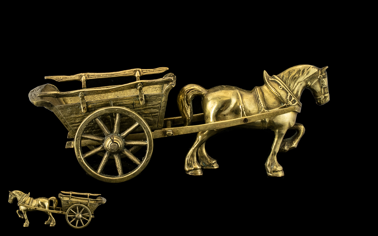 A Vintage Large & Impressive Solid Brass Handmade Horse & Cart, heavy, with moving parts. Measures