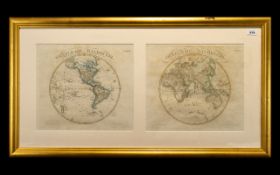 Antique Map Oestliche Halbkugel No. 7 Westliche Halbkrugel No. 6. Published 1837. Framed and glazed.