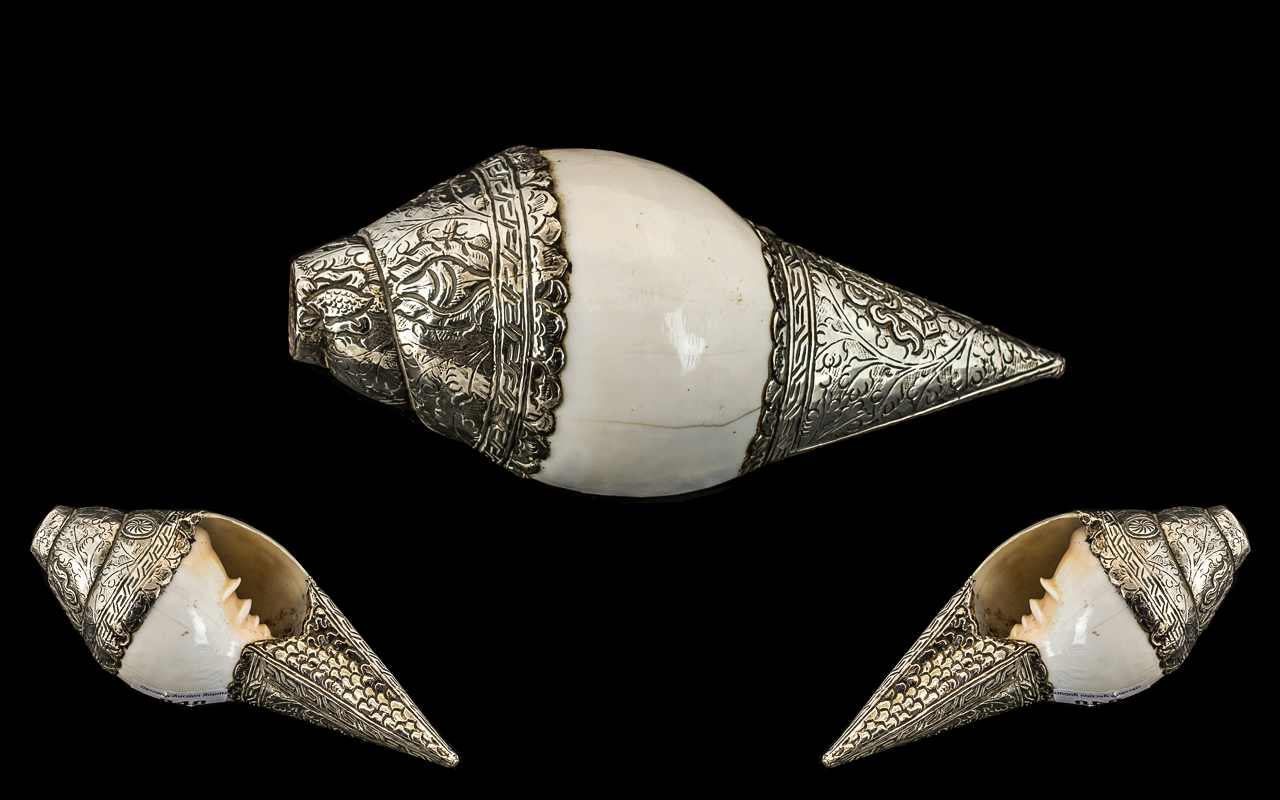 An Antique Tibetan Conche Shell Horn, Mounted In Silver,